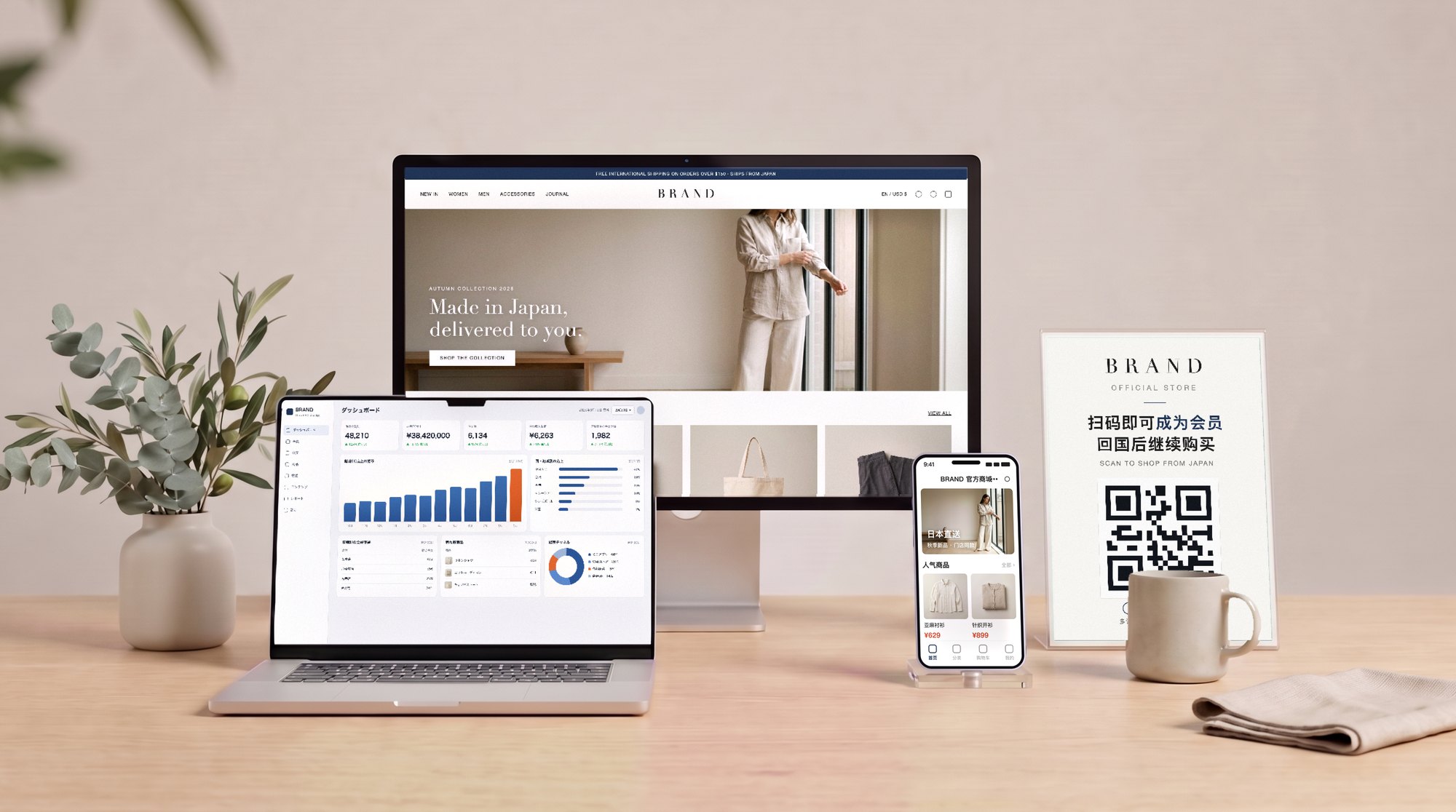 ブランド専用のダッシュボードを表示したノートパソコン、デスクトップ版のECサイトを表示したモニター、スマートフォン版のECサイトを表示したスマートフォン